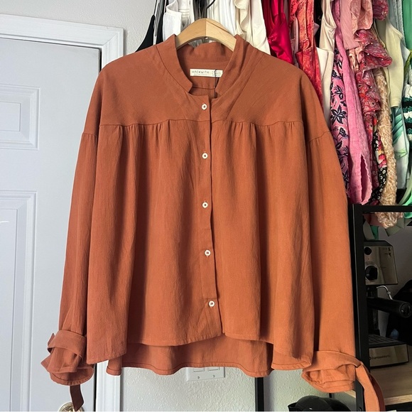 HACKWITH DESIGN HOUSE rust orange long sleeve tie detail button up blouse shirt - Picture 1 of 8